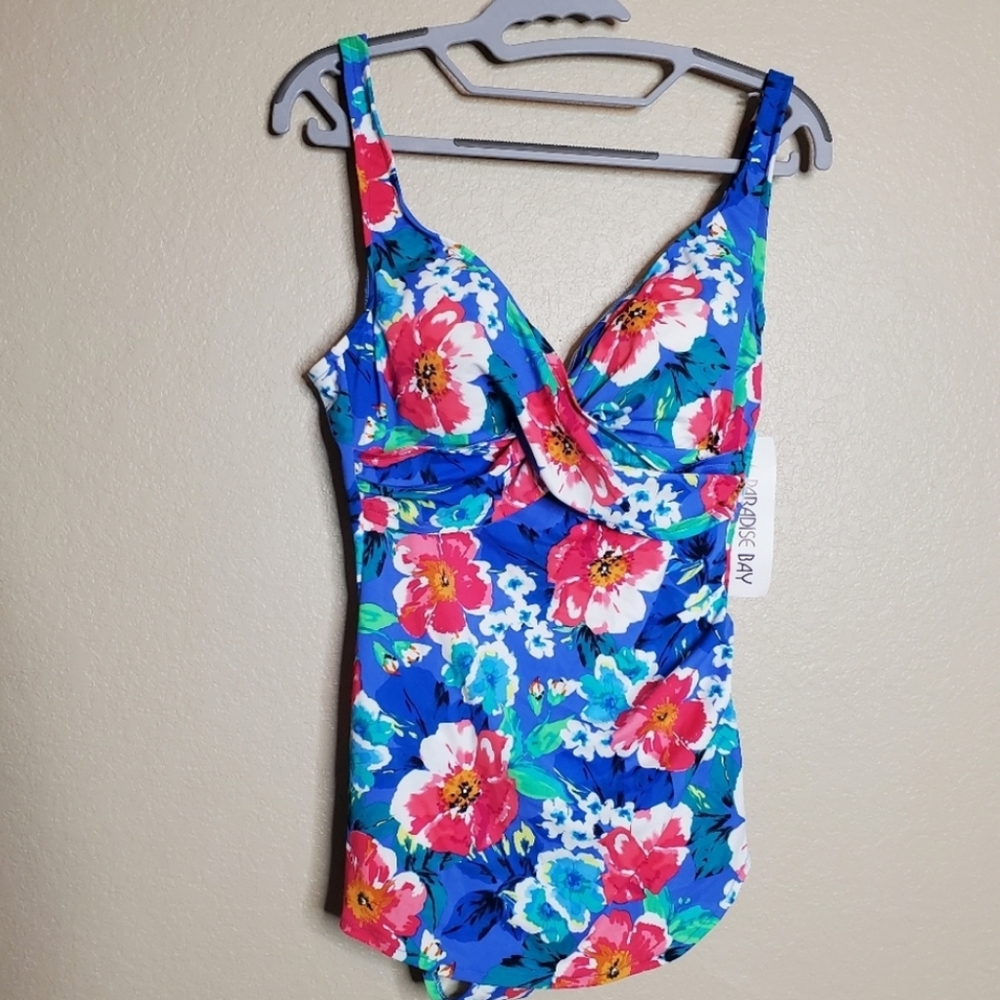 🦋Paradise Bay NWT Garden Beauty Floral Print One Piece Swimsuit 12 Blue Pink